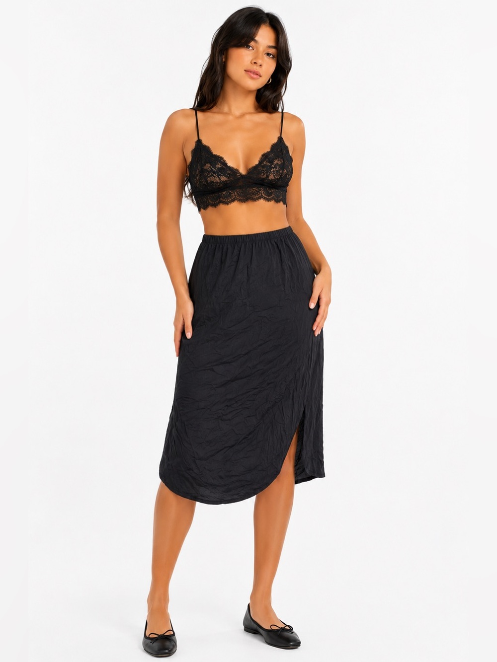 60s/70s European Vintage Nylon Silky Slip Skirt w Split Hem (Black) Size M/L